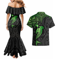 Polynesian Couples Matching Mermaid Dress and Hawaiian Shirt Hammerhead Shark Tribal Pattern Black Green Version TS04 - Polynesian Pride