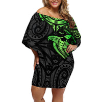 Polynesian Off Shoulder Short Dress Hammerhead Shark Tribal Pattern Black Green Version TS04 Women Black Green - Polynesian Pride