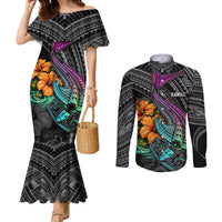 Hawaii Polynesian Couples Matching Mermaid Dress and Long Sleeve Button Shirt with Tribal Hammerhead Sharks and Hibiscus Black TS04 Black - Polynesian Pride
