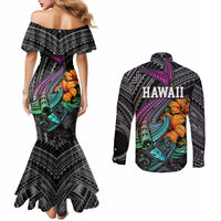 Hawaii Polynesian Couples Matching Mermaid Dress and Long Sleeve Button Shirt with Tribal Hammerhead Sharks and Hibiscus Black TS04 - Polynesian Pride
