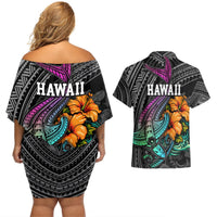Hawaii Polynesian Couples Matching Off Shoulder Short Dress and Hawaiian Shirt with Tribal Hammerhead Sharks and Hibiscus Black TS04 - Polynesian Pride