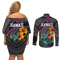 Hawaii Polynesian Couples Matching Off Shoulder Short Dress and Long Sleeve Button Shirt with Tribal Hammerhead Sharks and Hibiscus Black TS04 - Polynesian Pride