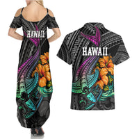 Hawaii Polynesian Couples Matching Summer Maxi Dress and Hawaiian Shirt with Tribal Hammerhead Sharks and Hibiscus Black TS04 - Polynesian Pride