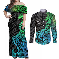 Zodiac Cancer Couples Matching Off Shoulder Maxi Dress and Long Sleeve Button Shirts Polynesian in Gradient Blue TS04 Gradient Blue - Polynesian Pride