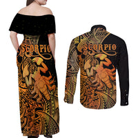 Zodiac Scorpio Couples Matching Off Shoulder Maxi Dress and Long Sleeve Button Shirts Polynesian in Orange TS04 - Polynesian Pride