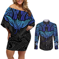Polynesian Ray Pattern Couples Matching Off Shoulder Short Dress and Long Sleeve Button Shirt TS04 Black/Blue - Polynesian Pride