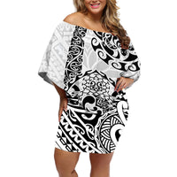 Hawaii Off Shoulder Short Dress with Polynesian Turtle TS04 Women Black White - Polynesian Pride