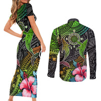 Polynesian Couples Matching Short Sleeve Bodycon Dress and Long Sleeve Button Shirts Whales and Compass Gradient Pattern TS04 - Polynesian Pride
