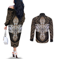 Polynesian Hawaii Tattoo Couples Matching Off The Shoulder Long Sleeve Dress and Long Sleeve Button Shirts TS04 - Polynesian Pride
