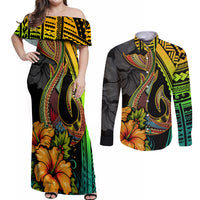 Hawaii Couples Matching Off Shoulder Maxi Dress and Long Sleeve Button Shirts Polynesian Fish Hook and Hibiscus Flowers with Gradient Pattern TS04 Multicolor - Polynesian Pride