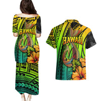 Hawaii Couples Matching Puletasi Dress and Hawaiian Shirt Polynesian Fish Hook and Hibiscus Flowers with Gradient Pattern TS04 - Polynesian Pride