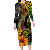Hawaii Family Matching Long Sleeve Bodycon Dress and Hawaiian Shirt Polynesian Fish Hook and Hibiscus Flowers with Gradient Pattern TS04 Mom's Dress Multicolor - Polynesian Pride