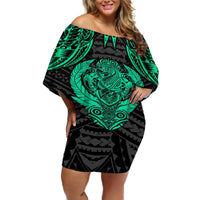 Polynesian Off Shoulder Short Dress Abstract Tiki TS04 Women Black Yellow - Polynesian Pride