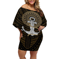 Polynesian Swordfish Off Shoulder Short Dress with Anchor Pattern and Tribal Turtle TS04 - Polynesian Pride