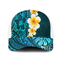 Turquosie Polynesia Mesh Trucker Cap Plumeria Tropical Leaves With Galaxy Polynesian Art - Polynesian Pride