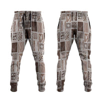 Vintage Aloha Block Quilt Jogger Pants Beige Inspired Lei Motifs - Polynesian Pride