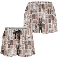 Vintage Aloha Block Quilt Shorts for Women Beige Inspired Lei Motifs - Polynesian Pride
