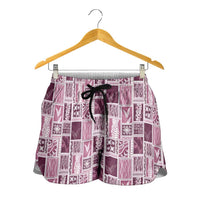 Vintage Aloha Block Quilt Shorts for Women Pink Inspired Lei Motifs - Polynesian Pride