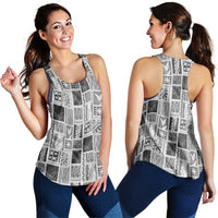 Vintage Aloha Block Quilt Women Racerback Tank Black Inspired Lei Motifs - Polynesian Pride