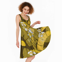 Yellow Banana Leaf Hawaii Midi Dress Lau Maia Plumeria Tropical Summer Vibes LT14 - Polynesian Pride