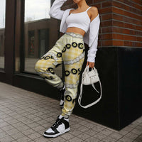 Yellow Palaka Hawaii Jogger Pants Kukui Nut Pikake Lei Hawaiian Tapa Pattern - Polynesian Pride