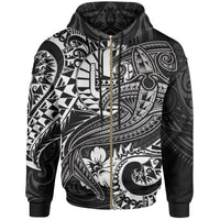 Tahiti Zip up Hoodie White Shark Polynesian Tattoo Unisex White - Polynesian Pride