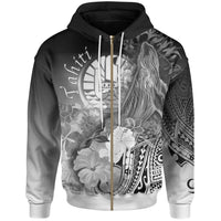 Tahiti Zip up Hoodie Humpback Whale with Tropical Flowers (White) Unisex White - Polynesian Pride