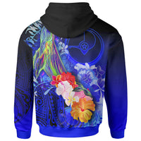 Custom Yap Zip up Hoodie Humpback Whale with Tropical Flowers (Blue) - Polynesian Pride
