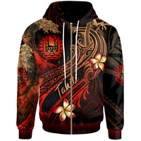 Tahiti Polynesian Zip up Hoodie Plumeria Flowers and Waves Unisex Red - Polynesian Pride