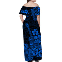 Hawaii Off Shoulder Long Dress Polynesia Blue Ukulele Flowers LT13 - Polynesian Pride