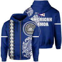 American Samoa Hoodie Zip Polynesian Coat of Arms Unisex Blue - Polynesian Pride