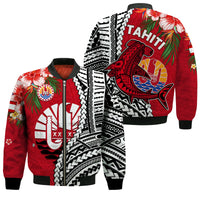 Tahiti Islands Bomber Jacket Polynesian Shark Mix Tropical Flowers LT14 Unisex Red - Polynesian Pride