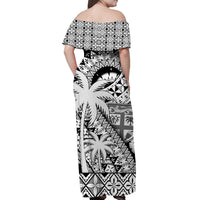Fiji Coat Of Arms Women Off Shoulder Long Dress Masi Tapa Mixed Palm Tree No1 Black Version LT9 - Polynesian Pride