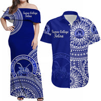 (Custom Text And Number) Matching Outfits For Couples Tonga Tupou College Toloa Combo Dress And Hawaiian Shirt Class Of Year Tongan Ngatu Pattern LT14 Blue - Polynesian Pride