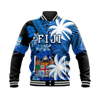 Fiji Coat Of Arms Baseball Jacket Masi Tapa Mixed Palm Tree No2 Blue Version LT9 Unisex Blue - Polynesian Pride