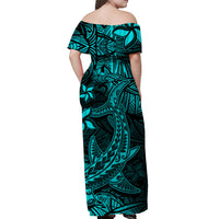 Polynesian Off Shoulder Long Dress Turquoise Hawaiian Tribal Hammerhead Shark LT14 - Polynesian Pride