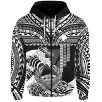 Custom Hawaii Hoodie Kakau Polynesian Crab With Waves Ver.04 LT14 Zip Hoodie Black - Polynesian Pride