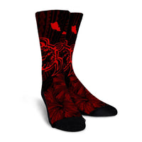 Hawaiian Hibiscus Sea Turtle Swim Polynesian Crew Socks - Red - AH - Polynesian Pride