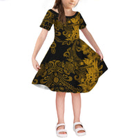 Hawaii Flowers Mix Tribal Pattern Short Sleeves Dress KID LT6 KID Gold - Polynesian Pride