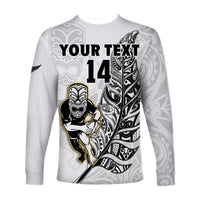 (Custom Text And Number) New Zealand Silver Fern Rugby Long Sleeve Shirt All Black Maori Version White LT14 - Polynesian Pride