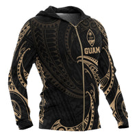 Guam Polynesian All Over Zip up Hoodie Gold Tribal Wave - Polynesian Pride