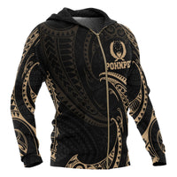 Pohnpei Micronesia All Over Zip up Hoodie Gold Tribal Wave - Polynesian Pride