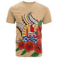Tahiti Polynesian T Shirt Hibiscus Coat of Arm Beige Unisex BEIGE - Polynesian Pride