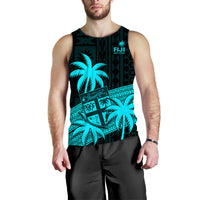Fiji Rugby Sevens Men Tank Top Tapa Palm Tree and Fijian Coat of Arms LT9 Blue - Polynesian Pride