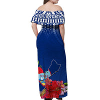 (Custom Personalised) Guam Chamorro Off Shoulder Long Dress Guaman Latte Stone Tropical Flowers Blue Version LT14 - Polynesian Pride