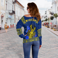 Niue Off Shoulder Sweater Happy Constitution Day Niuean Hiapo Crab With Map LT14 - Polynesian Pride