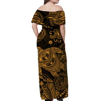 Hawaii Turtle Polynesian Off Shoulder Long Dress Plumeria Flower Unique Style - Gold LT8 - Polynesian Pride