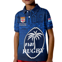 Fiji Rugby Polo Shirt KID Flying Fijians Blue Tapa Pattern LT13 Unisex Blue - Polynesian Pride