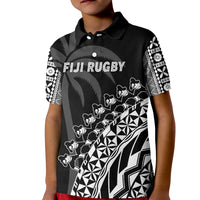 Fiji Rugby Polo Shirt KID Fijian Cibi Dance Tapa Pattern Black LT14 Kid Black - Polynesian Pride