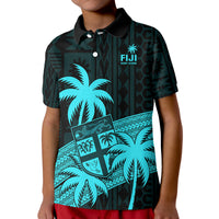 Fiji Rugby Sevens Kid Polo Shirt Tapa Palm Tree and Fijian Coat of Arms LT9 Kid Blue - Polynesian Pride